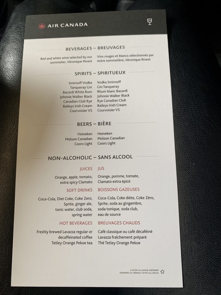 Drinks Menu Air Canada Toronto to Vancouver