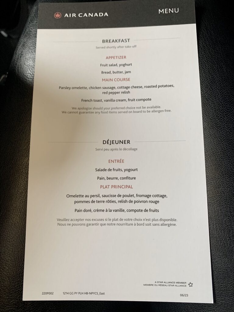 Food Menu Air Canada Toronto to Vancouver