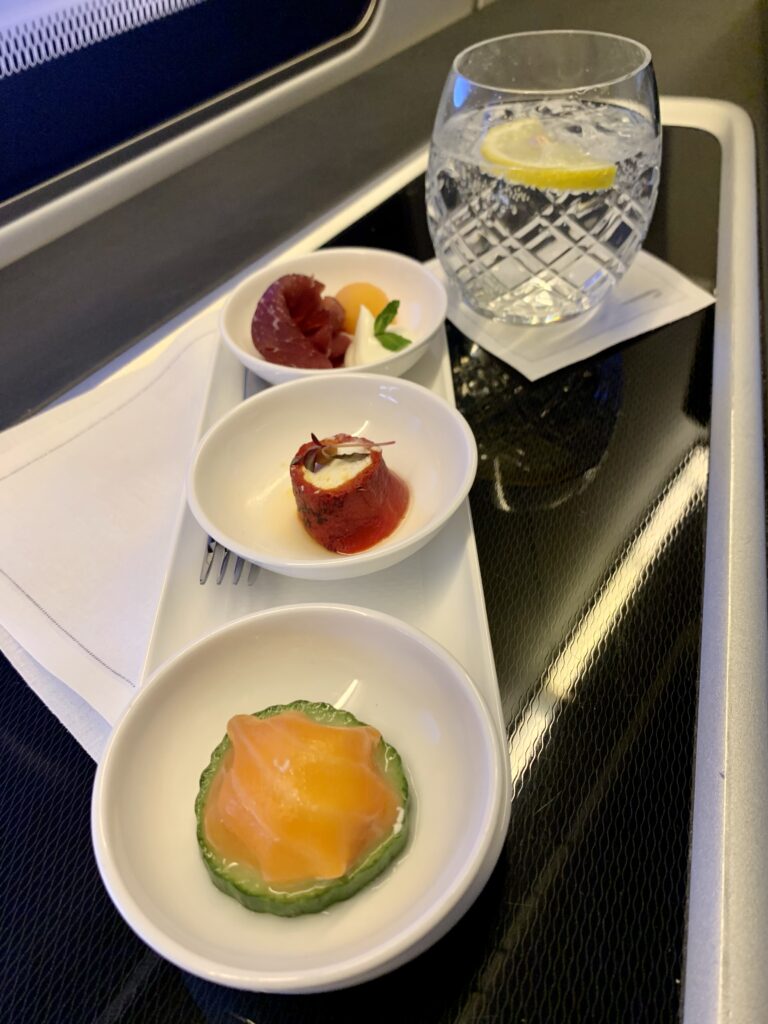 British Airways First Class London Heathrow to Los Angeles November 2023 Canapes