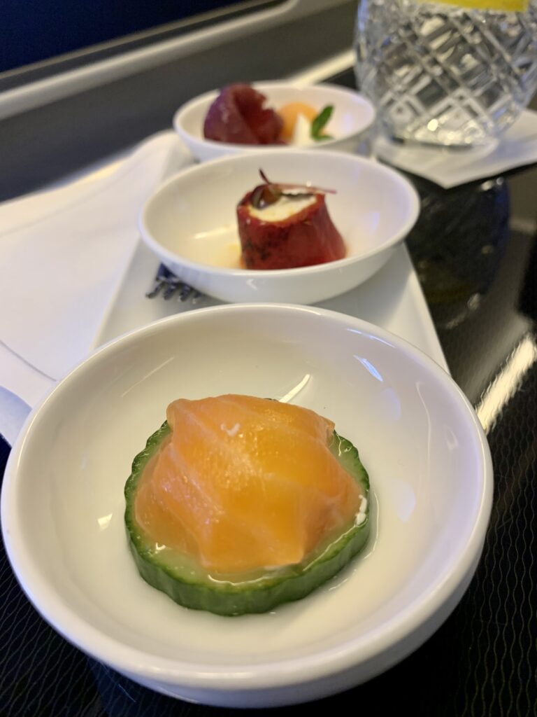 British Airways First Class London Heathrow to Los Angeles November 2023 Canapes