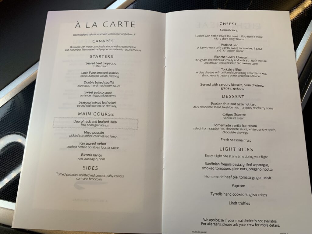 British Airways First Class London Heathrow to Los Angeles November 2023 Menu