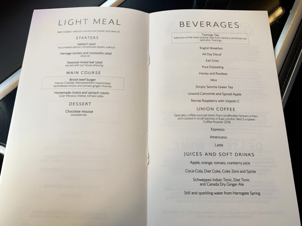 British Airways First Class London Heathrow to Los Angeles November 2023 Menu