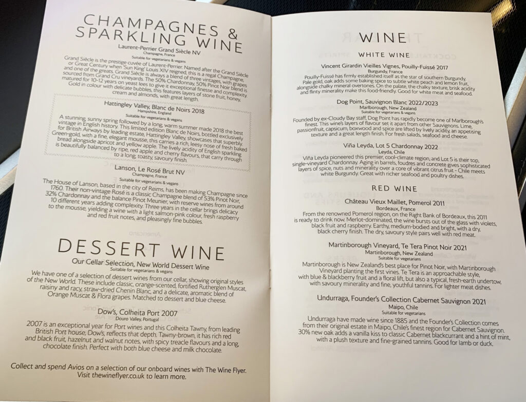 British Airways First Class London Heathrow to Los Angeles November 2023 Menu