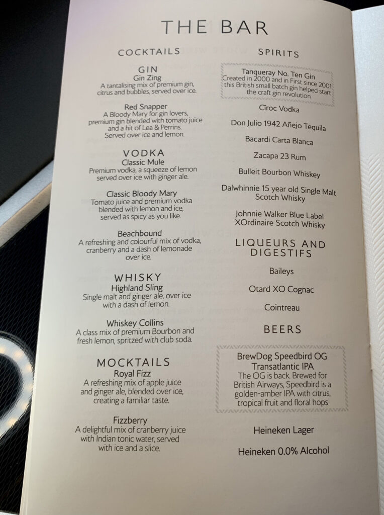 British Airways First Class London Heathrow to Los Angeles November 2023 Menu