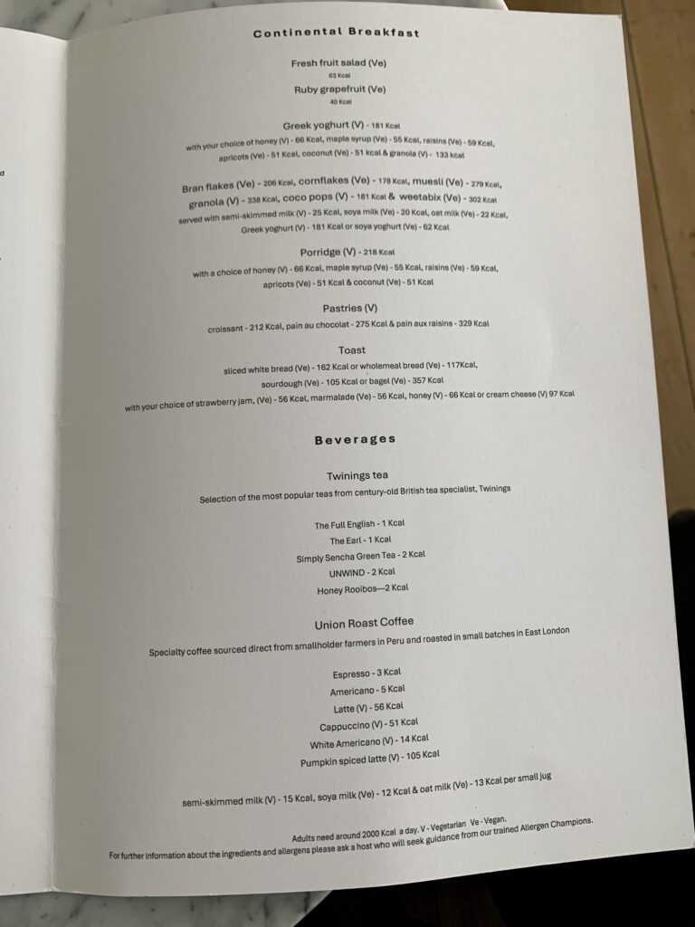 British Airways Concorde Lounge Breakfast Menu