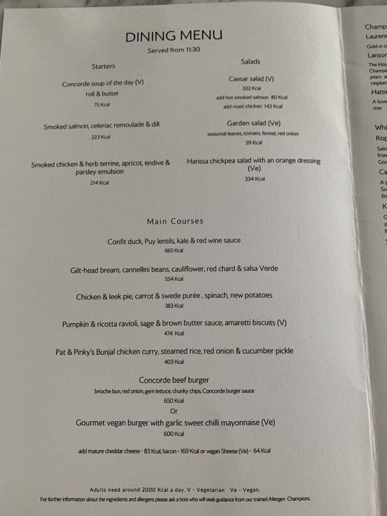 British Airways Concorde Lounge Dining Menu