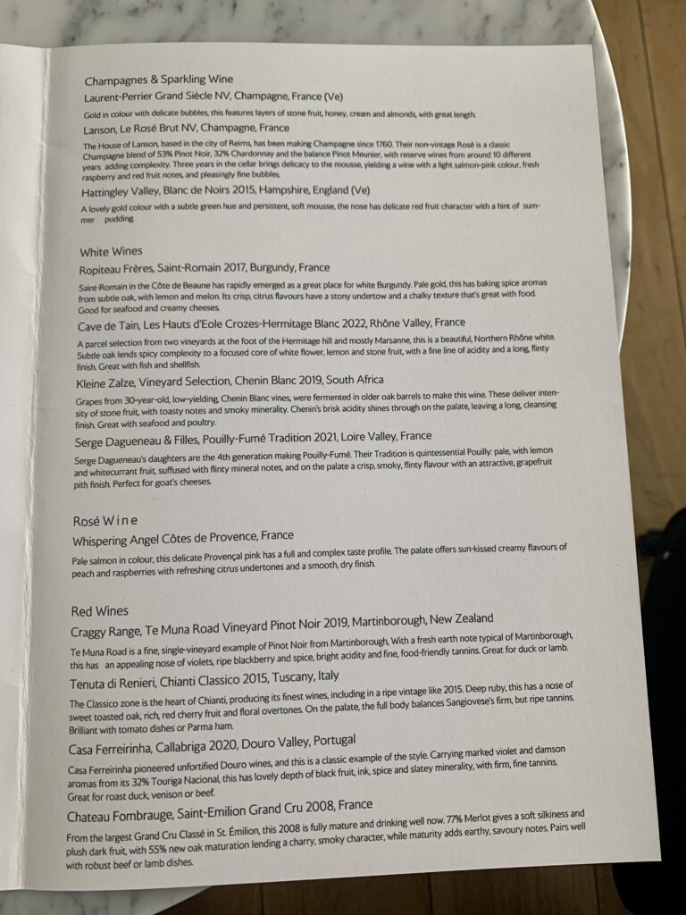 British Airways Concorde Lounge Dining Menu