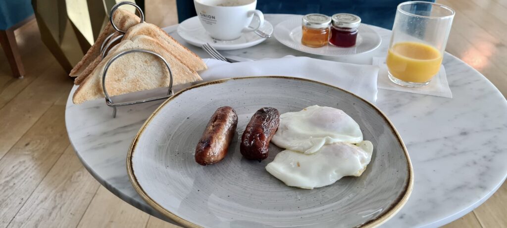 British Airways Concorde Lounge Breakfast - Eggs and sausage breakfast