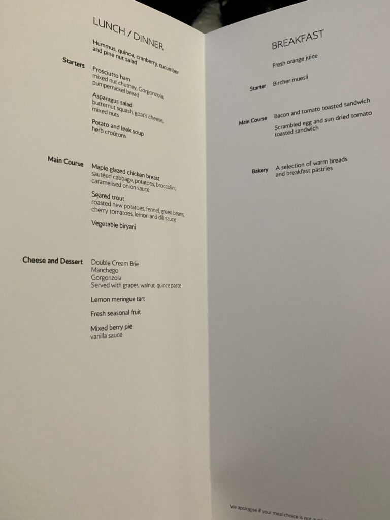 British Airway Flight Toronto to London Business Class Menu