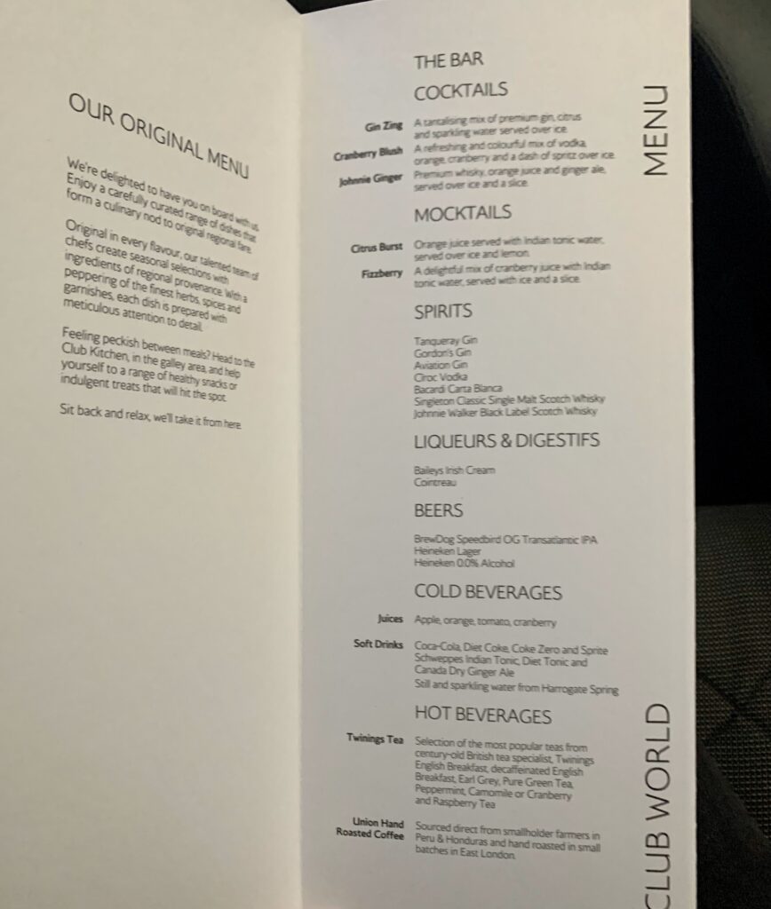 British Airway Flight Toronto to London Business Class Menu