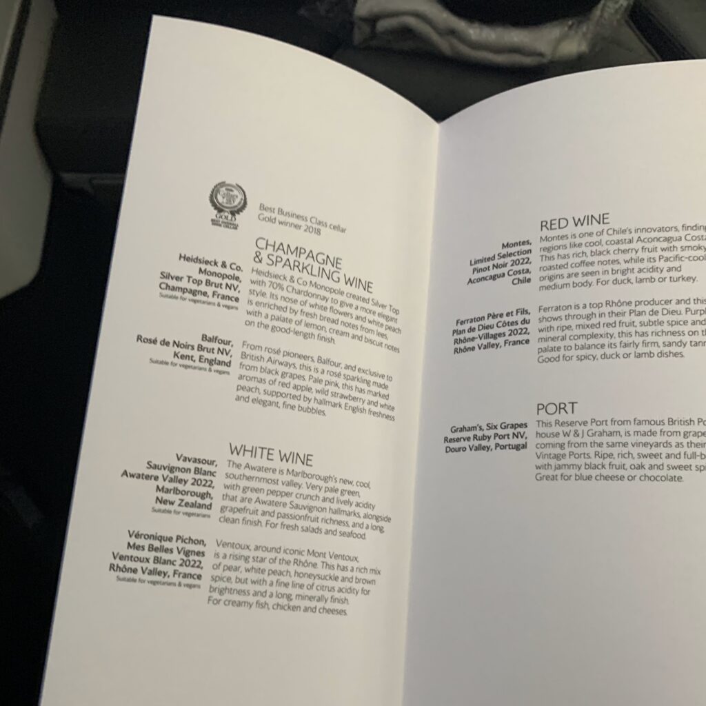 British Airway Flight Toronto to London Business Class Menu