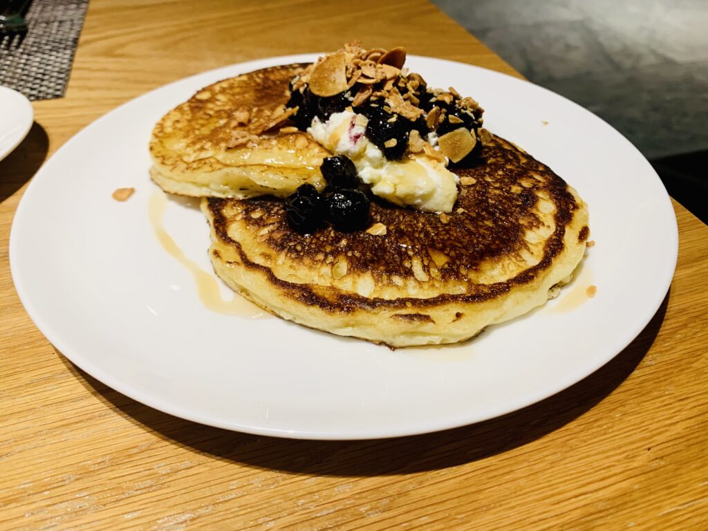 Buttermilk pancakes with blueberries, ricotta, toasted almonds, Qantas Lounge Tom Bradley Terminal Los Angeles