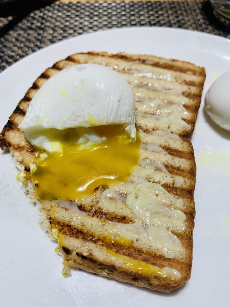 Eggs Only Breakfast - two poached eggs with multi grain bread, Qantas Lounge Tom Bradley Terminal Los Angeles