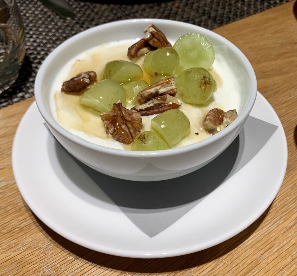 Chobani (Greek) yoghurt with local honey, grapes and pecans, Qantas Lounge Tom Bradley Terminal Los Angeles