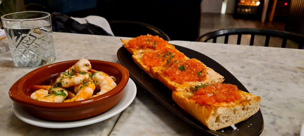 Maricarmen Tapas Bar Bread with Tomato and Gambas Al Ajillo