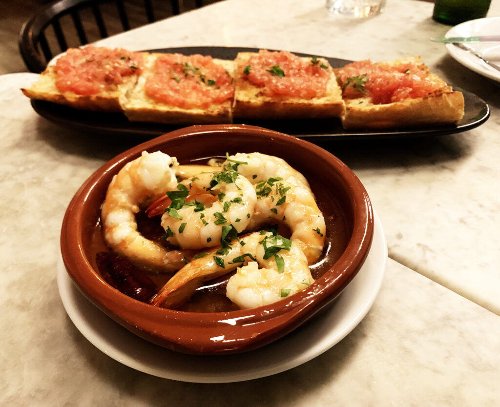 Maricarmen Tapas Bar Bread with Tomato and Gambas Al Ajillo