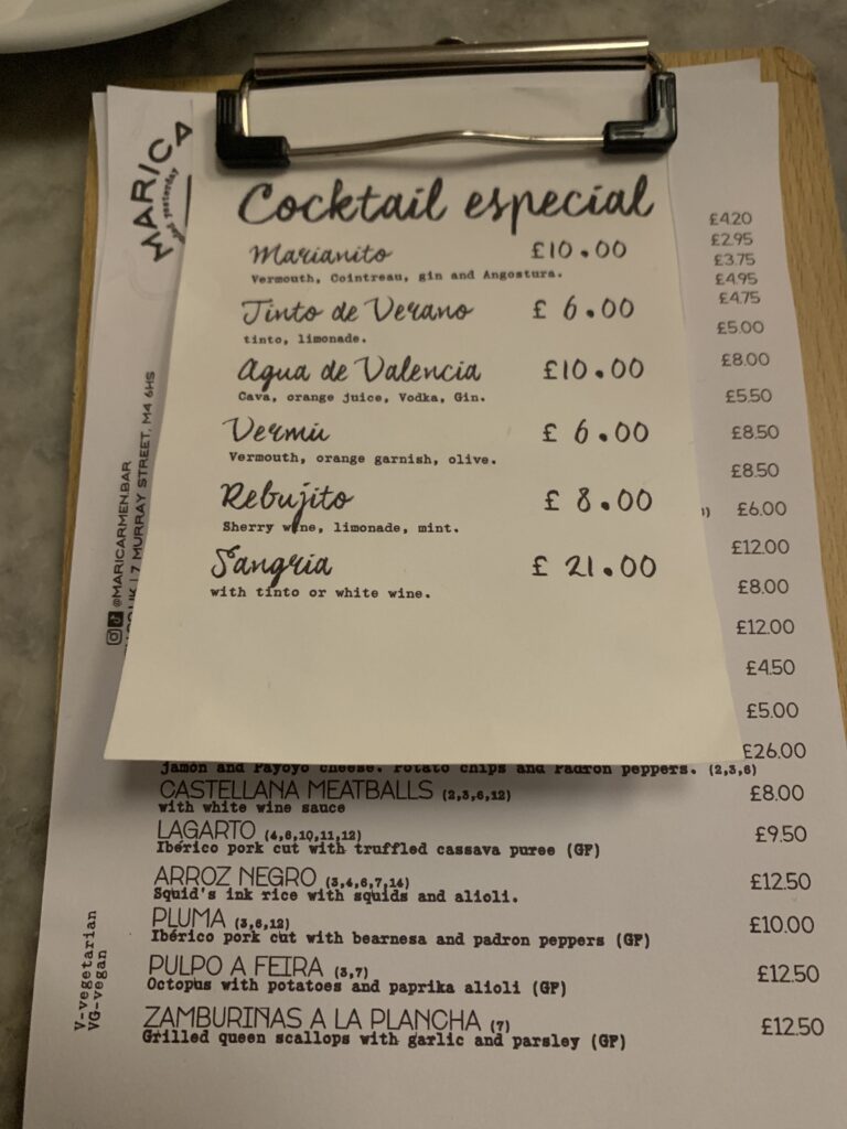 Maricarmen Tapas Bar Cocktails Special Menu