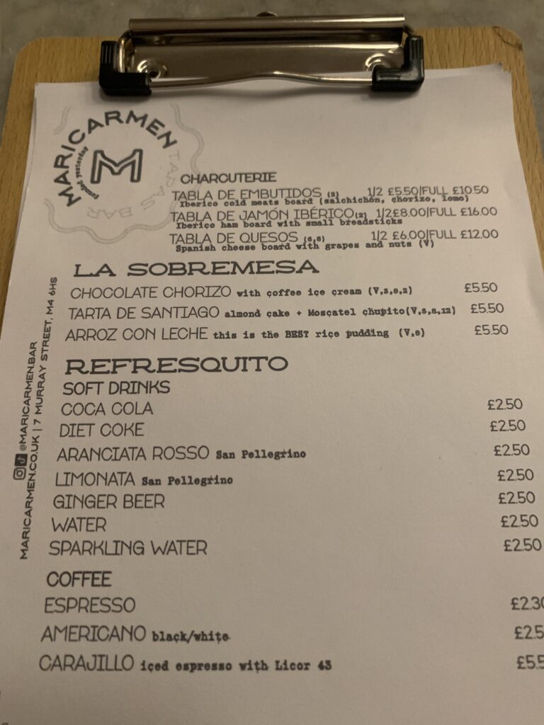 Maricarmen Tapas Dessert and Coffee Menu