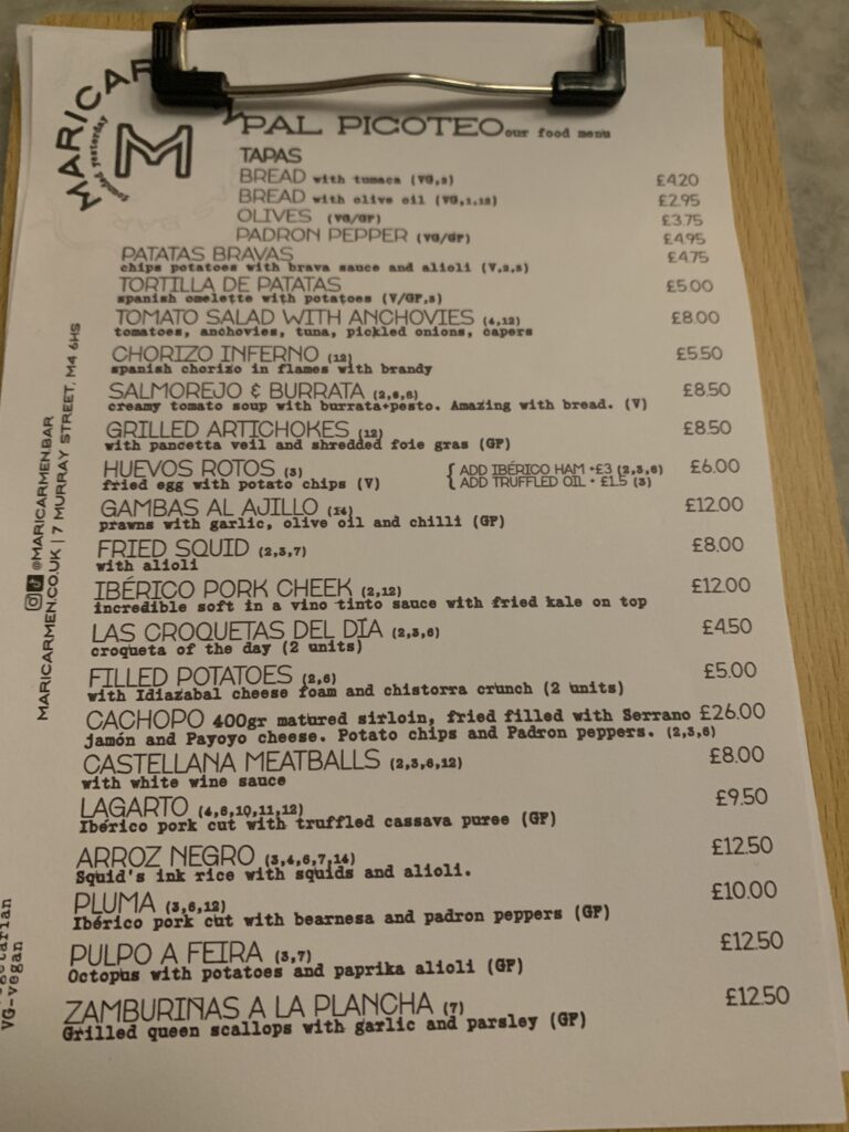 Maricarmen Tapas Bar Small Plates Menu November 2023