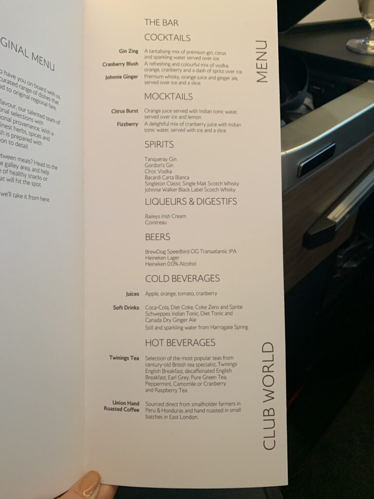 British Airways Business Class Flight San Diego to London Menu