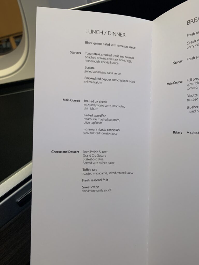 British Airways Business Class Flight San Diego to London Menu