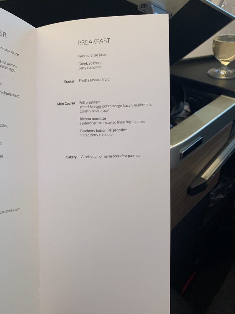 British Airways Business Class Flight San Diego to London Menu