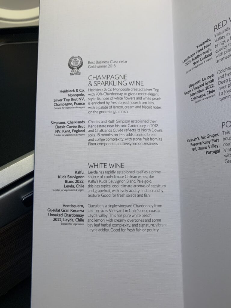 British Airways Business Class Flight San Diego to London Menu