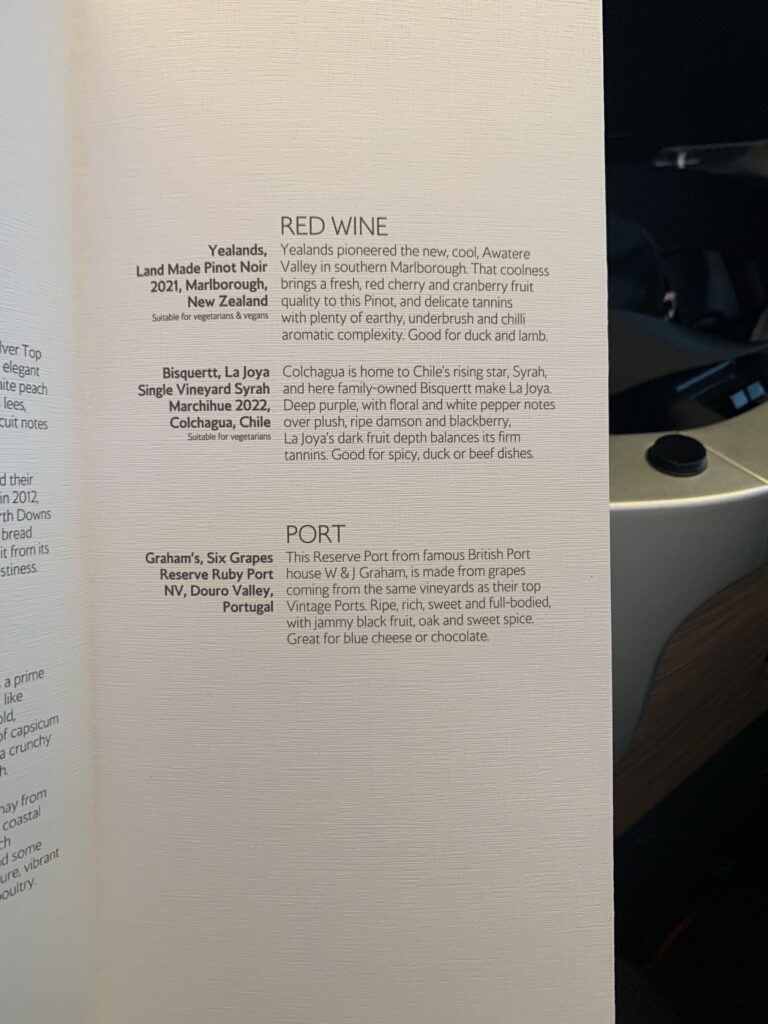 British Airways Business Class Flight San Diego to London Menu