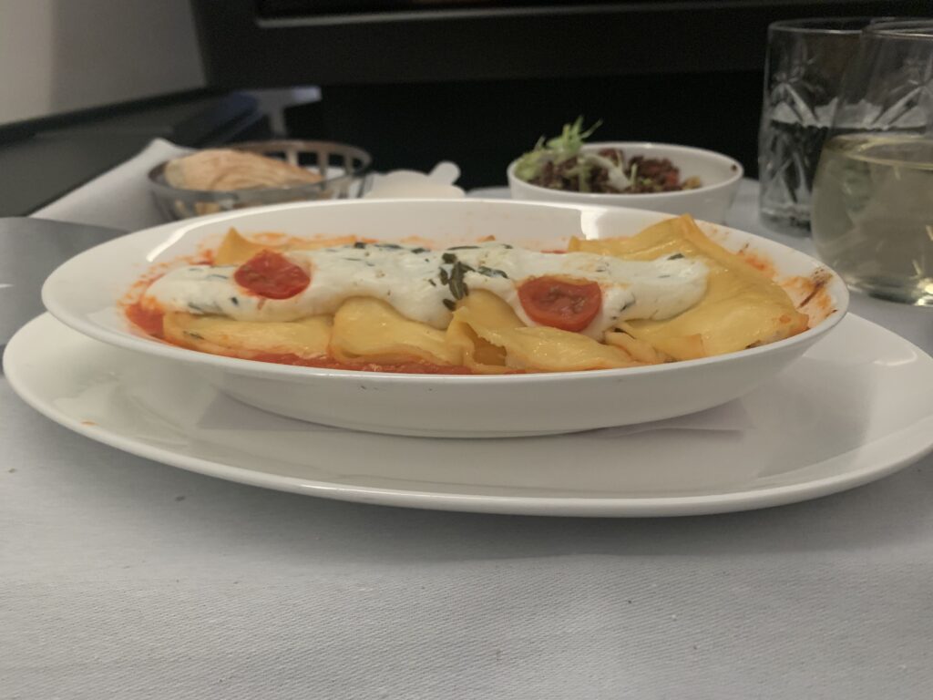 British Airways Business Class Flight San Diego to London Menu Cannelloni