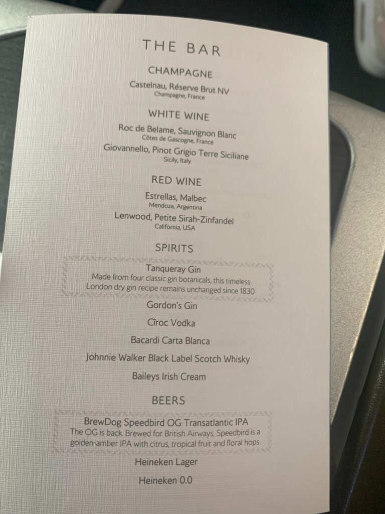 British Airways Business Class Flight London Heathrow Rio De Janeiro Menu