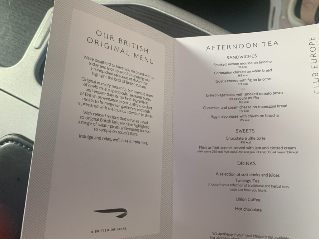 British Airways Business Class Flight London Heathrow Rio De Janeiro Menu