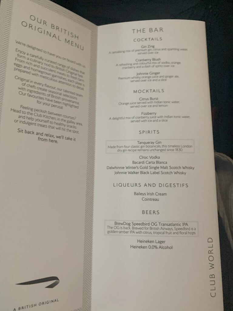 British Airways Business Class Flight London Heathrow Rio De Janeiro Menu