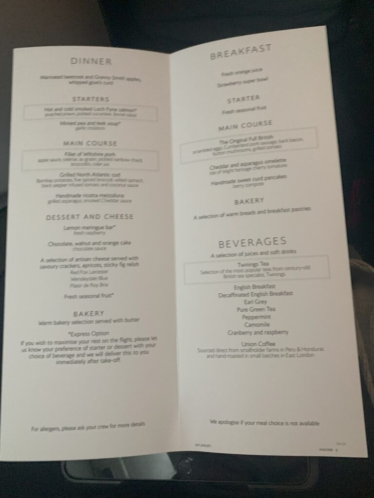 British Airways Business Class Flight London Heathrow Rio De Janeiro Menu