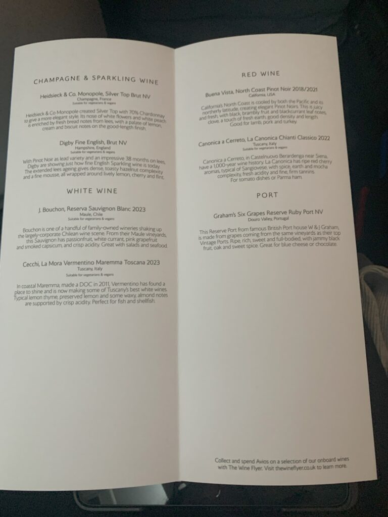 British Airways Business Class Flight London Heathrow Rio De Janeiro Menu