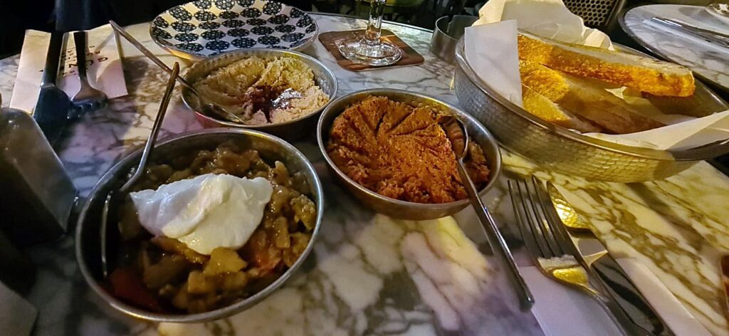 Dips including muhammara, Hummus Mamzana at Guney-Restaurant Istanbul