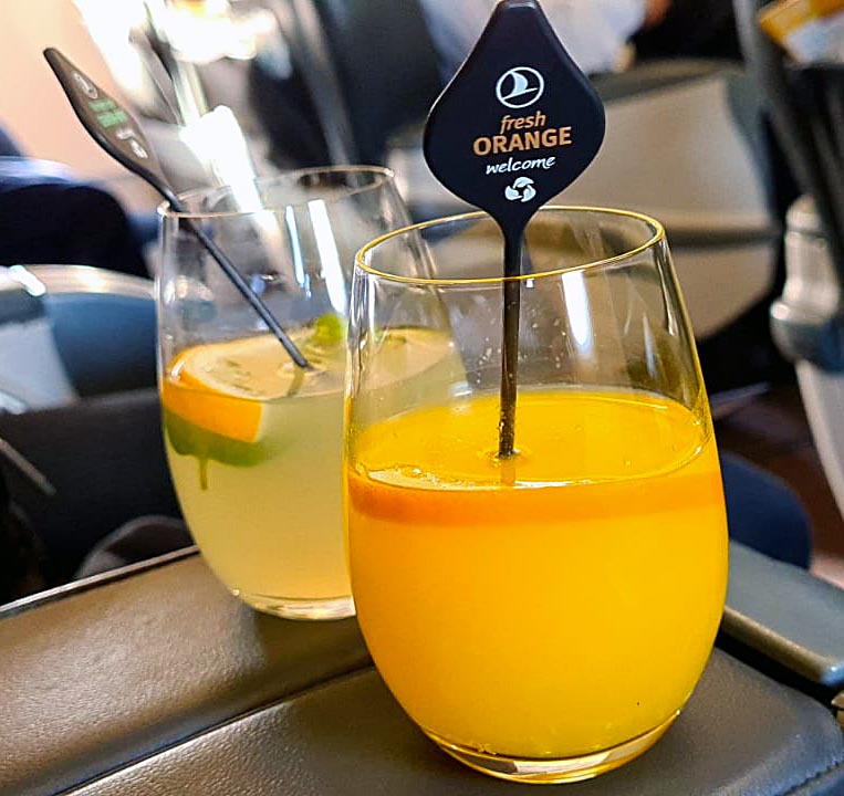 Fresh orange juice and homemade lemonade with mint. 