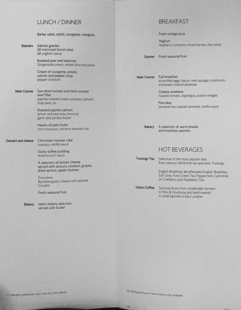 Menu on British Airways Flight Rio de Janeiro to London Heathrow