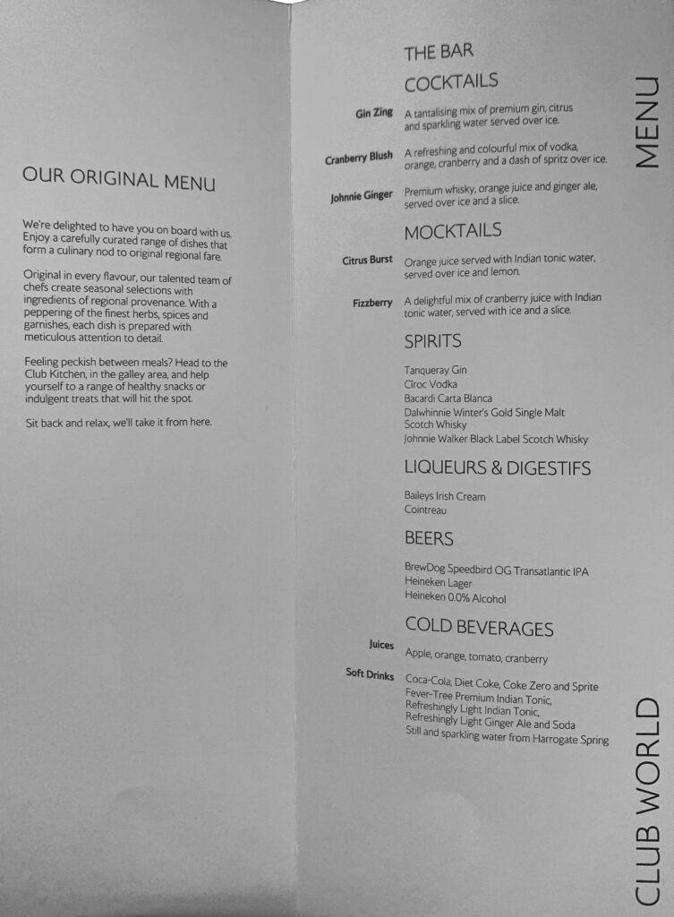 Menu on British Airways Flight Rio de Janeiro to London Heathrow