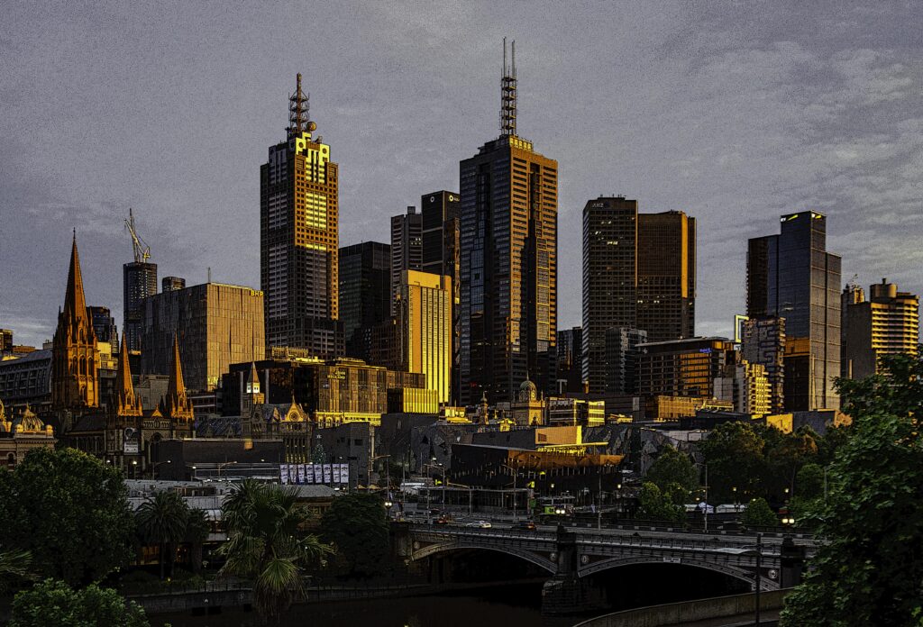 Melbourne from South Bank during sunrise with poster edges