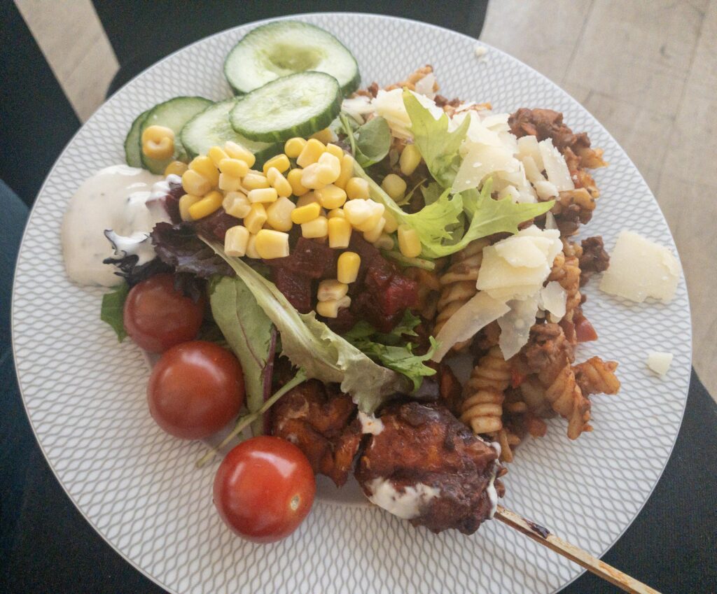 Chicken Skewers and Salad in the British Airways First Lounge London Heathrow