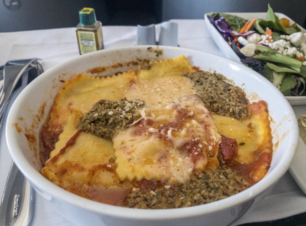 Ravioli Pasta American Airlines Flight Los Angeles to New York