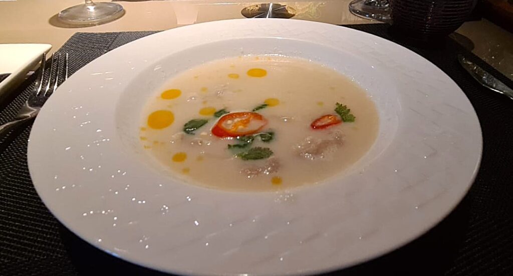 Chicken and lemongrass soup Qatar Premium Lounge Changi Airport Singapore