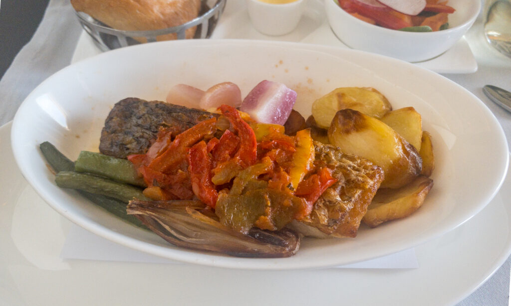 Seared barramundi on British Airways flight from Sydney to Singapore