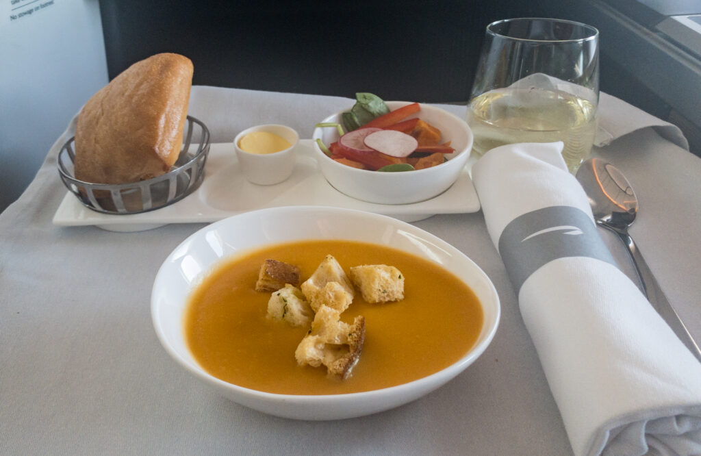 Sweet potato and lemongrass soup on British Airways flight from Sydney to Singapore