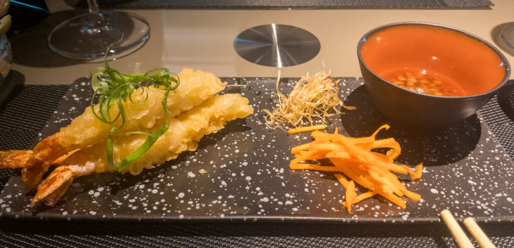 Tempura prawns Qatar Premium Lounge Changi Airport Singapore